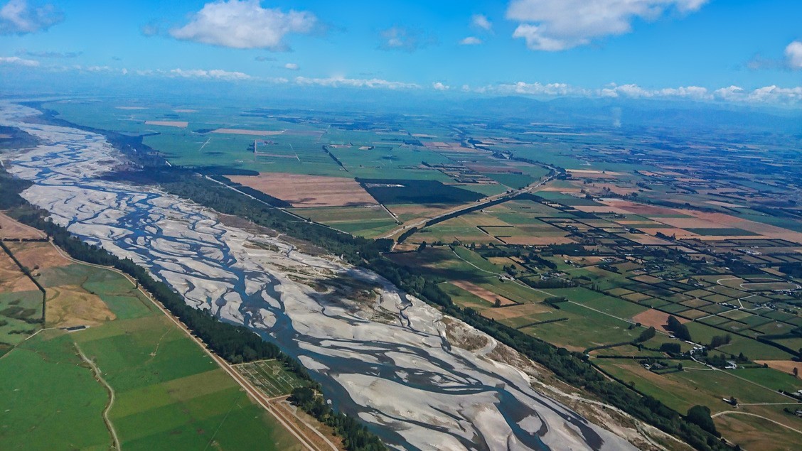 An aerial image of Canterbury region focused on the braided rivers.