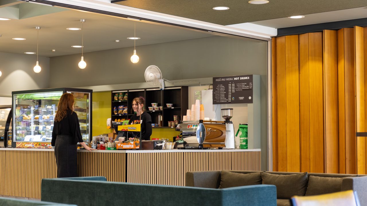 A person in a cafe ordering from the server