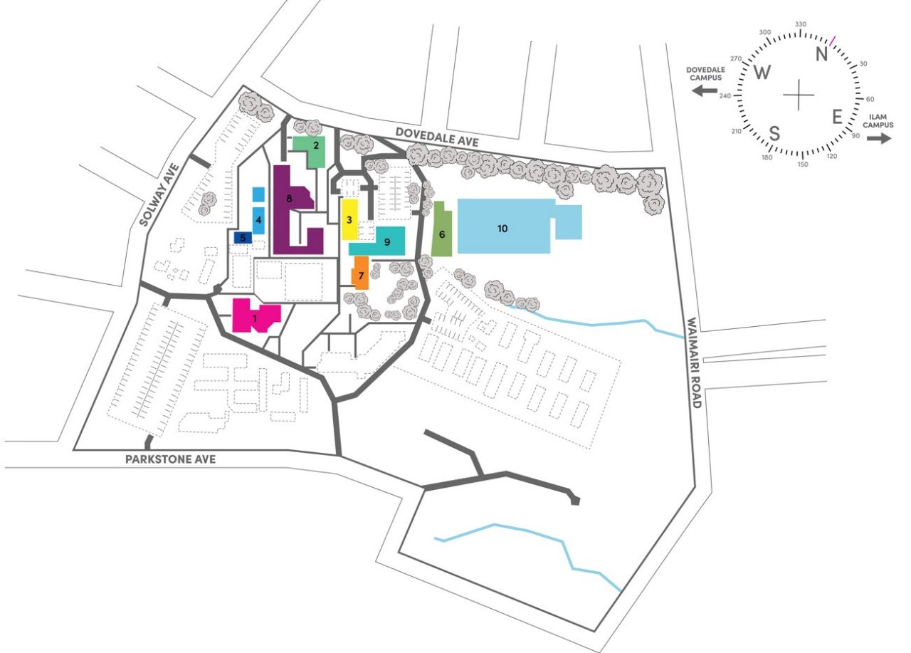 An animated and aerial image of the Dovedale Campus, with Kōawa Studios buildings indicated
