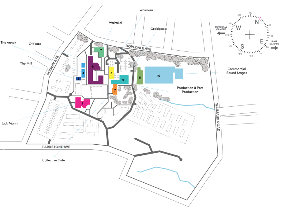 An animated and aerial image of the Dovedale Campus, with Kōawa Studios buildings indicated