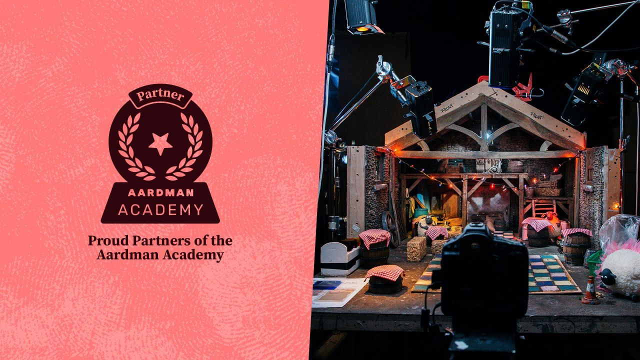 An image of the Aardman Academy partner logo and a side shot of a stop motion creation as part of the set for a film.